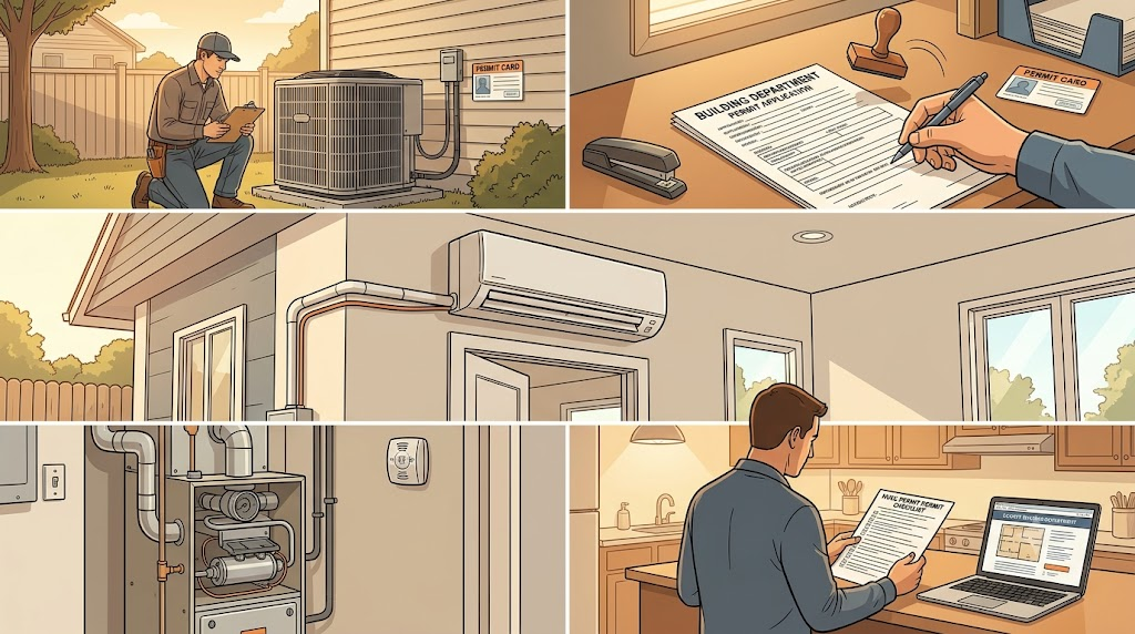 HVAC permit process illustrated: technician inspecting outdoor AC unit with permit card, building department application desk, ductless mini-split installation, gas furnace with CO detector, homeowner reviewing permit checklist